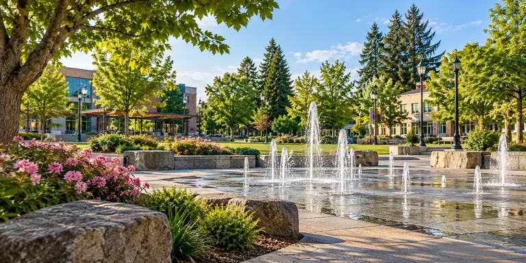 Illustrative park and fountain scene inspired by Beaverton, Oregon