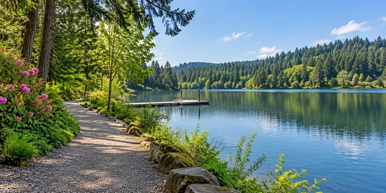 Illustrative Lacamas Lake shoreline inspired by Camas, Washington