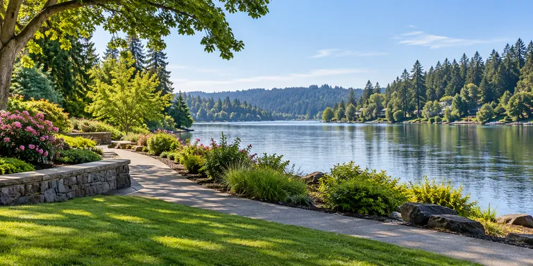 Illustrative Willamette riverfront park inspired by Lake Oswego, Oregon