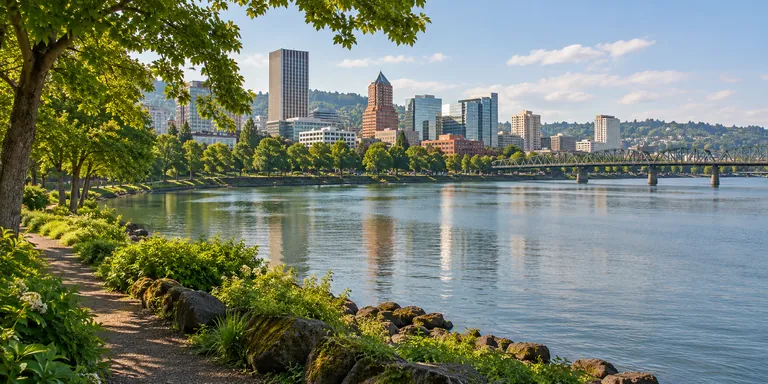 Willamette riverfront scene inspired by Portland, Oregon