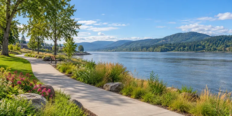 Illustrative Columbia River waterfront trail inspired by Washougal, Washington