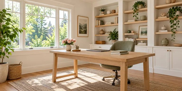 Clean home office with an oak desk and sage green chair