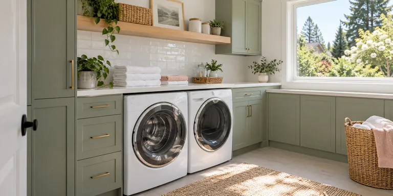 Tidy laundry room with sage green cabinets and folded towels