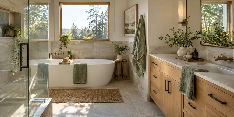 Bright bathroom with clean bathtub and oak vanity