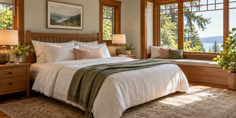 Tidy bedroom with white linen and sage accents