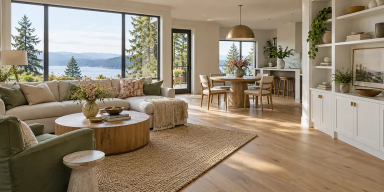 Clean shared family area with a sage green reading chair