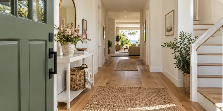 Clean entrance hallway with a sage green door