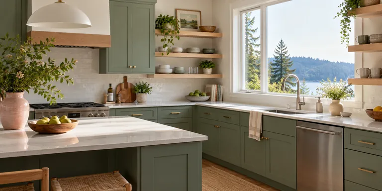 Clean kitchen with sage green cabinets