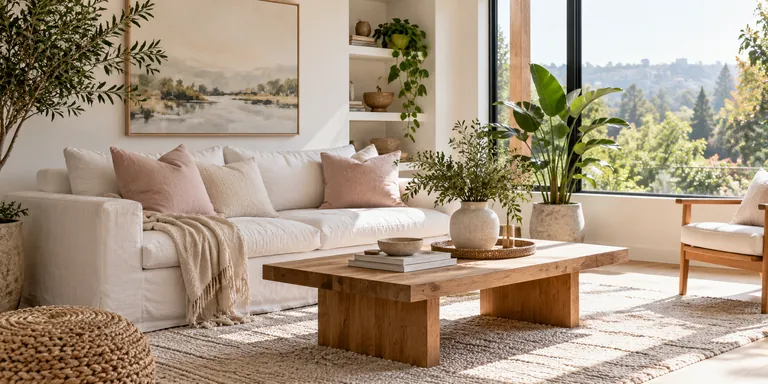 Fresh living room with white sofa and blush cushions